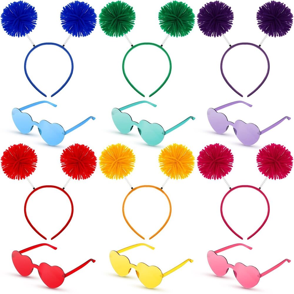 8702 6 Pieces Pom Pom Head Bopper Headband 6 Pairs Heart Shape Sunglasses